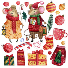 Watercolor set of hand drawn christmas elements for making cards and wrapping paper. Dressed mice, Christmas toys, sweets, gifts, socks, sweaters and snowflakes for your own design