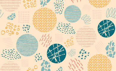 Abstract artistic seamless repeat pattern with hand drawn textures. Modern design with geometric elements and doodles. Vector design perfect for paper, fabric, interior design, cover and wallpaper.