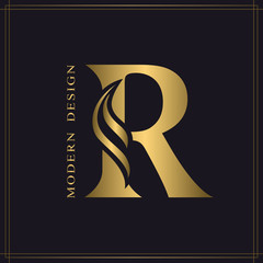 Elegant Capital letter R. Graceful Royal Style. Calligraphic Beautiful Logo. Vintage Gold Drawn Emblem for Book Design, Brand Name, Business Card, Restaurant, Boutique, Hotel. Vector illustration