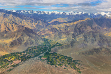 Naklejka premium Aerial view of Ladakh region from the airplane window, India.