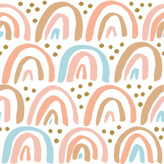Cute and simple Vector Rainbows and Dots pattern. Seamless texture with hand drawn ink rainbows.