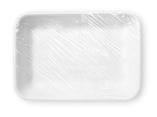 Wrapped styrofoam food tray isolated on white background with clipping path