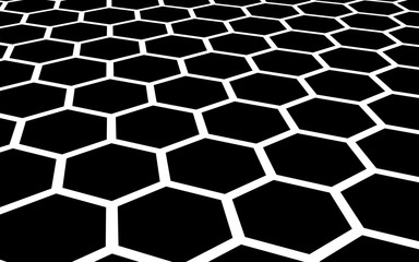 White honeycomb on a black background. Perspective view on polygon look like honeycomb. Isometric geometry. 3D illustration