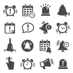 Reminder, notification black and white glyph icons set