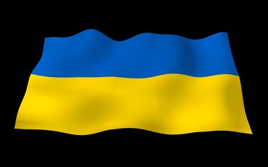 The flag of Ukraine on a dark background. National flag and state ensign. Blue and yellow bicolour. 3D illustration waving flag