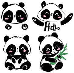Hand drawn Cute panda bear set. Vector illustration. Print design for baby t-shirt.