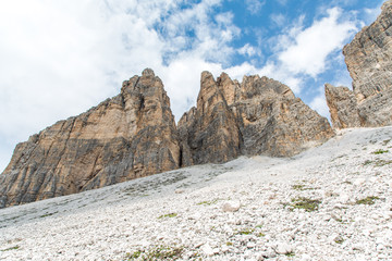 Dolomites, Italy - July, 2019: Amazing panoramic view from Tre Cime over the Dolomite's mountain chain