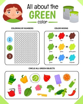 Kids learning material. Worksheet for learning colors. Green color.