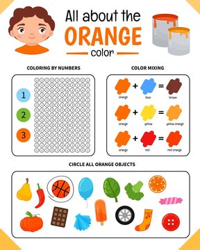Kids learning material. Worksheet for learning colors. Orange color.