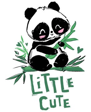 Hand drawn Cute panda bear sitting on the bamboo. Vector illustration. Print design for baby t-shirt.