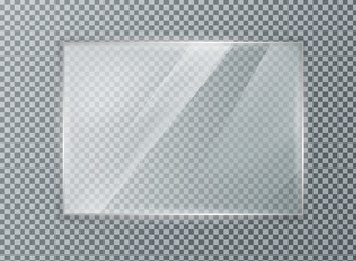 Glass plate on transparent background. Acrylic and glass texture with glares and light. Realistic transparent glass window in rectangle frame.