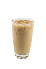 Isolate long tall glass beverage on white background with clipping path. Dicuted of freshness Iced coffee Latte.