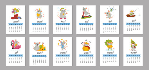 2020 new year of mouse to Chinese calendar. Wall  editable calendar grid template with cute mouse. Set of 12 months. Vector cartoon illustration