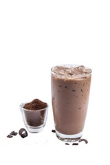 Isolate Iced Chocolate glass on white background with crushed cocoa powder in mini cup. Most favorite drinks in the wolrd