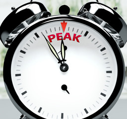 Peak soon, almost there, in short time - a clock symbolizes a reminder that Peak is near, will happen and finish quickly in a little while, 3d illustration