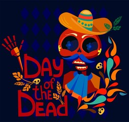 Day of the Dead poster Vector Illustration, Decor skull and bones, cartoon character. Dia de Los Muertos.