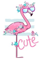 Hand Drawn Cute Flamingo. Vector Illustration. Children print on t-shirt