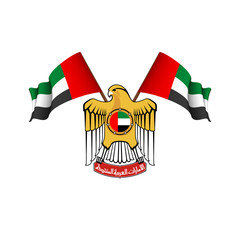 UAE official national state symbols: flag, coat of arms Standard of the president isolated on white background. Original and simple United Arab Emirates flag isolated in official colors and Proportion