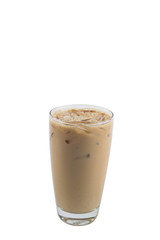 Isolate long tall glass beverage on white background with clipping path. Dicuted of fresh Iced coffee Latte.