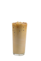 Isolate long tall glass beverage on white background with clipping path. Dicuted of Iced coffee Latte.