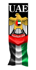 UAE official national state symbols: flag, coat of arms Standard of the president isolated on white background. Original and simple United Arab Emirates flag isolated in official colors and Proportion