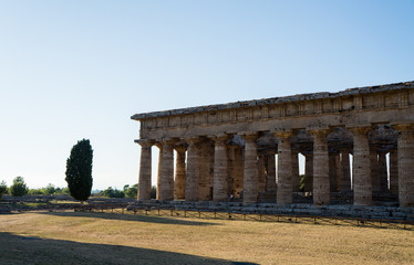Fototapeta na wymiar Classical greek temple at ruins of ancient city Paestum, Cilento, Italy