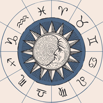 Vector circle of the Zodiac signs in retro style with hand-drawn Sun and crescent Moon. Horoscope circle with twelve symbols for astrological forecasts