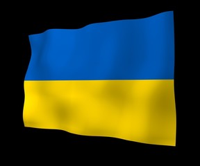 The flag of Ukraine on a dark background. National flag and state ensign. Blue and yellow bicolour. 3D illustration waving flag