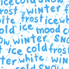 fashion lettering words seamless pattern for christmas and new year wrapping paper, decorations, banners, backgrounds, winter mood with abstract  frosty tracks, editable vector illustration