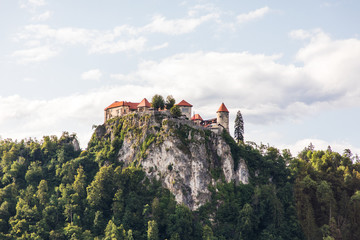 Bled, Slovenia - July, 2019: Lake Bled with St. Marys Church of Assumption on small island....