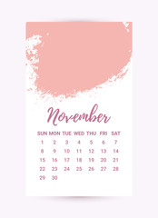Vector Freehand Calendar 2020. November month. Creative colorful design template with messy ink grunge texture. Week starts Sunday. Monochrome minimal style
