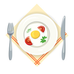 fried eggs in a plate, with a fork and knife. top view