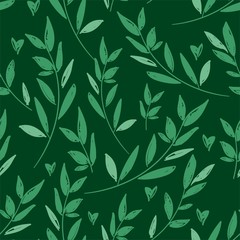 Sketch green foliage on a dark background print for textile. The drawn branches with leaves are a beautiful illustration for the fabric. Design decorative ornament pattern seamless. Vector.