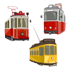 set of urban vintage trams