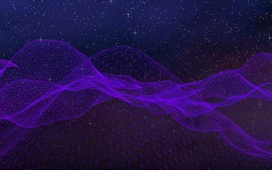 Abstract ultraviolet landscape on a dark background. Purple cyberspace grid. hi tech network. Outer space. Violet starry outer space texture. 3D illustration