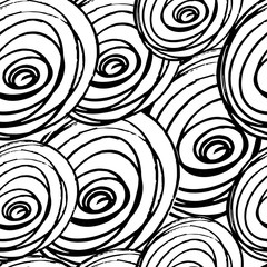 Ink lines, rounds and circles. Grunge doodle brushes on white background. Abstract seamless vector pattern. Black on white.