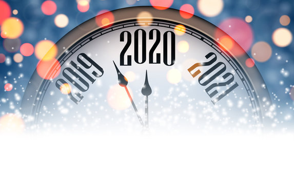 Blue blurred New Year 2020 banner with clock.