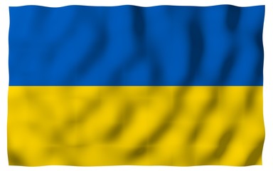 The flag of Ukraine on a white background. National flag and state ensign. Blue and yellow bicolour. 3D illustration waving flag