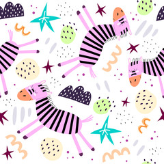Seamless pattern with cartoon zebras, clouds stars, decor elements. children vector illustration. animal theme. hand drawing. baby design for fabric, textile print, wrapper