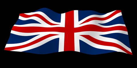 Waving flag of the Great Britain on dark background. British flag. United Kingdom of Great Britain and Northern Ireland. State symbol of the UK. 3D illustration