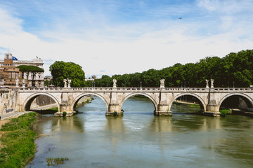 Naklejka premium Tiber river streams, Ponte Vittorio Emanuele II bridge, flying seagulls and Rome cityscape view with famous St. Peter dome on the background