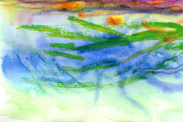 abstract blue, green, yellow, violet, horizontal lines, strokes and streaks of watercolor paint, background