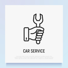 Car service thin line icon: wrench in hand. Modern vector illustration. Logo for repairman, plumber or builder.