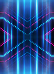 Dark abstract futuristic background. Neon lines glow. Neon lines, shapes. Multi-colored glow, blurry lights, bokeh. Empty stage background