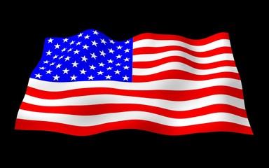 Obraz premium Waving flag of the United States of America on a dark background. Stars and Stripes. State symbol of the USA. 3D illustration