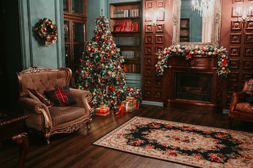 Classic living room and library New Year interior. Magic glowing Christmas tree, carpet, decorated...
