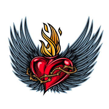 Flaming heart with wings and crown of thorns in engraving technique. Good for stickers, t-shirt prints, banners, greeting cards. 