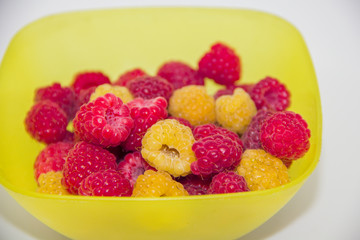 yellow and red raspberries in a yellow vest on a white background