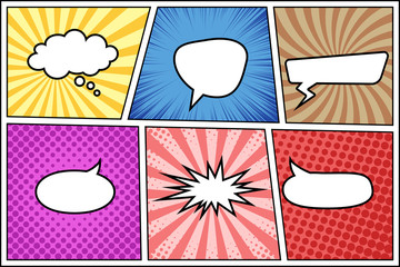 Comic book page template with different backgrounds and speech bubbles. Pop art style © Anna