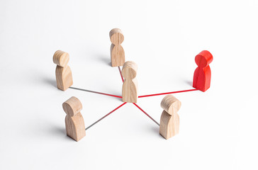 Obraz premium The red figure of a person spreads his ideas or influence through the person and his friends. Manipulation and deception. Gathering of people around an idea. Cooperation, collaboration. Communication